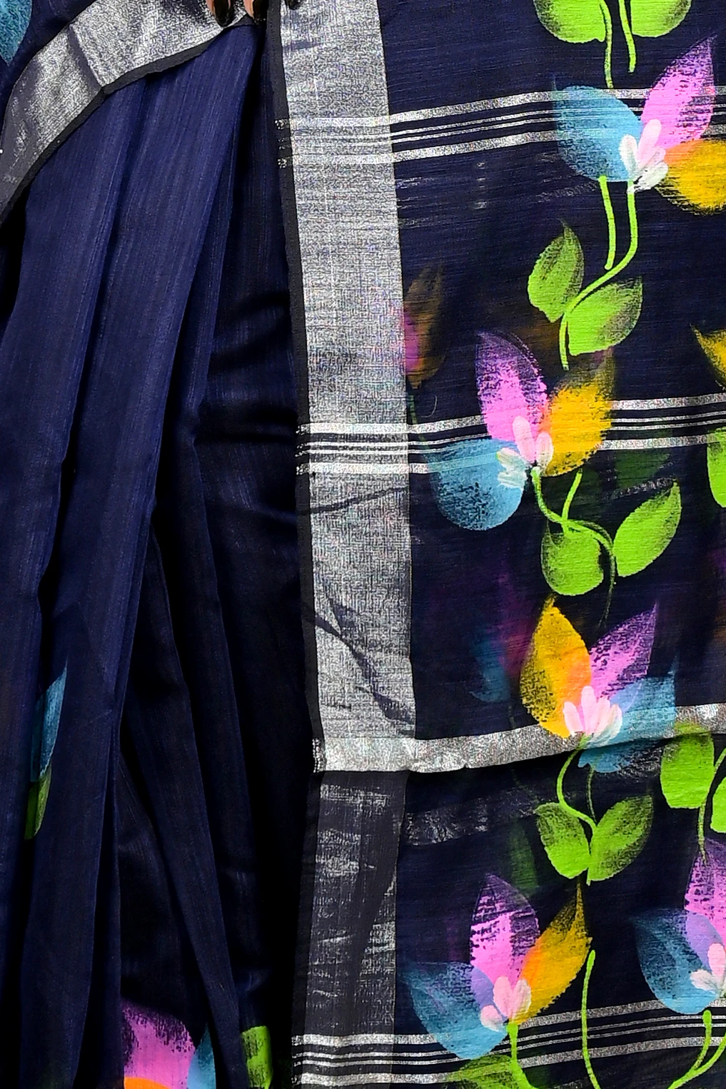 Blue Blended Cotton Finesi Hand Painted Saree (3046)