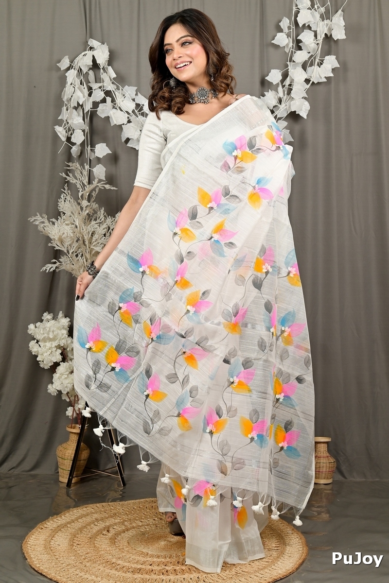 White Blended Cotton Finesi Hand Painted Saree (3047)