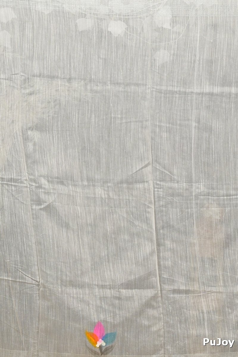White Blended Cotton Finesi Hand Painted Saree (3047)