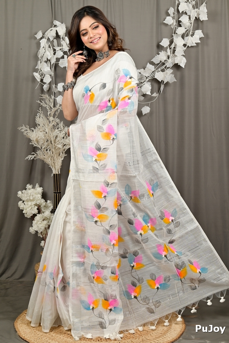 White Blended Cotton Finesi Hand Painted Saree (3047)