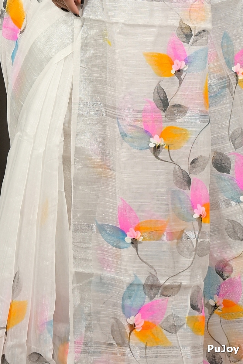 White Blended Cotton Finesi Hand Painted Saree (3047)