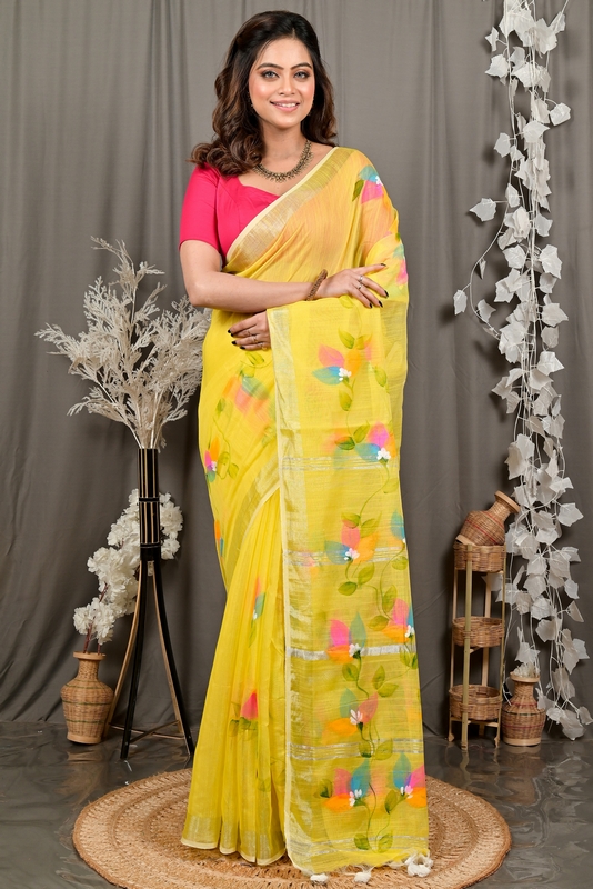 Yellow Blended Cotton Finesi Hand Painted Saree (3048)