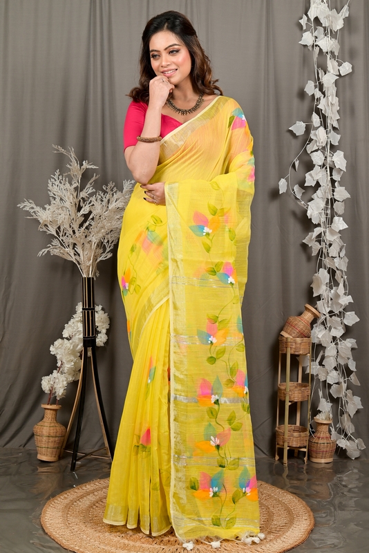 Yellow Blended Cotton Finesi Hand Painted Saree (3048)