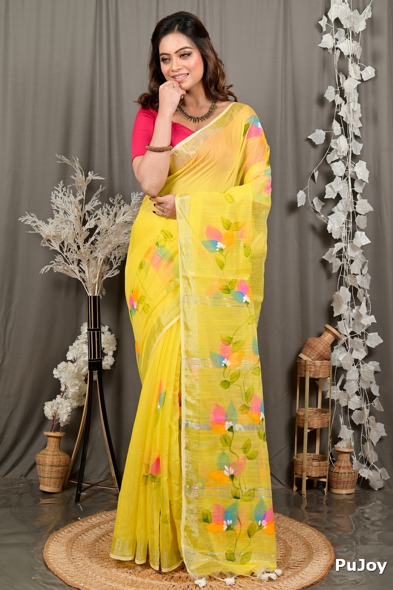 Yellow Blended Cotton Finesi Hand Painted Saree (3048)