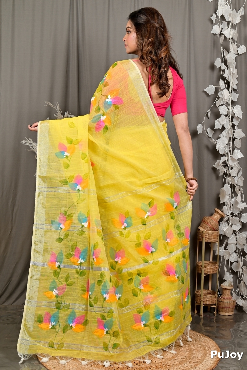 Yellow Blended Cotton Finesi Hand Painted Saree (3048)