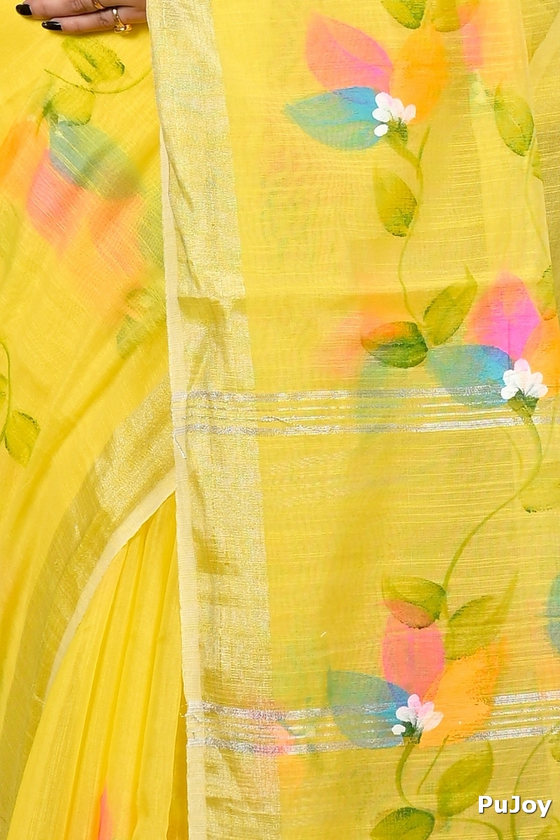 Yellow Blended Cotton Finesi Hand Painted Saree (3048)