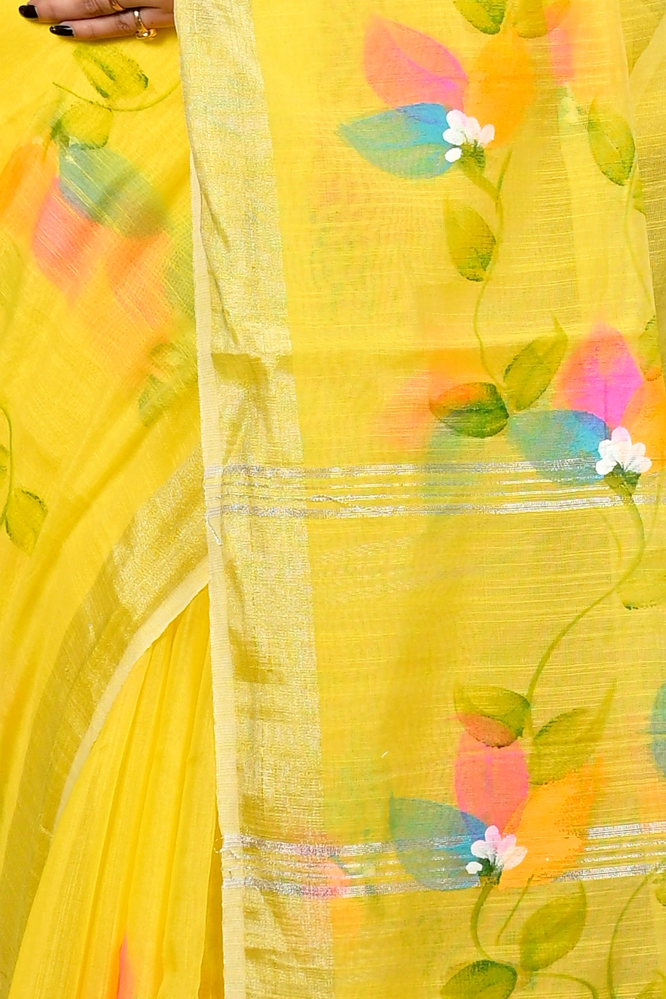 Yellow Blended Cotton Finesi Hand Painted Saree (3048)