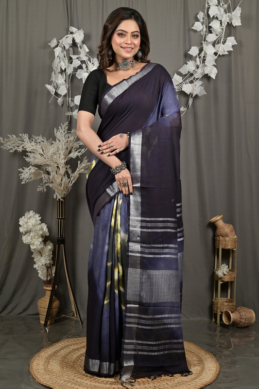 Night Blue Pure Cotton Finui Hand Loom Saree (3049)