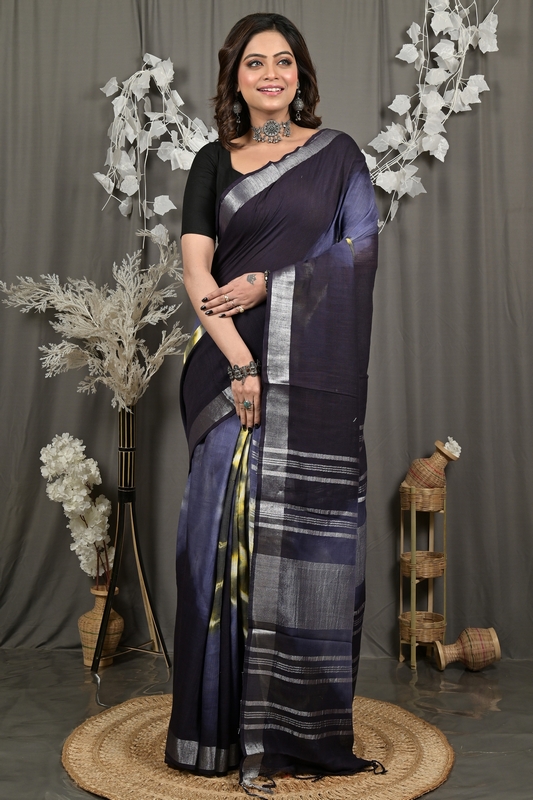 Night Blue Pure Cotton Finui Hand Loom Saree (3049)