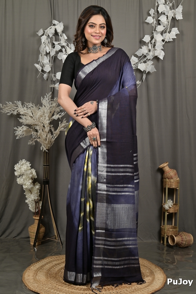 Night Blue Pure Cotton Finui Hand Loom Saree (3049)
