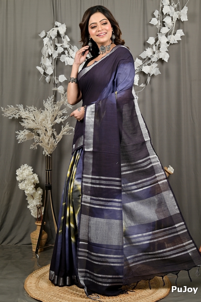 Night Blue Pure Cotton Finui Hand Loom Saree (3049)
