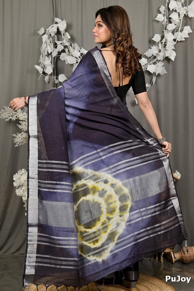 Night Blue Pure Cotton Finui Hand Loom Saree (3049)