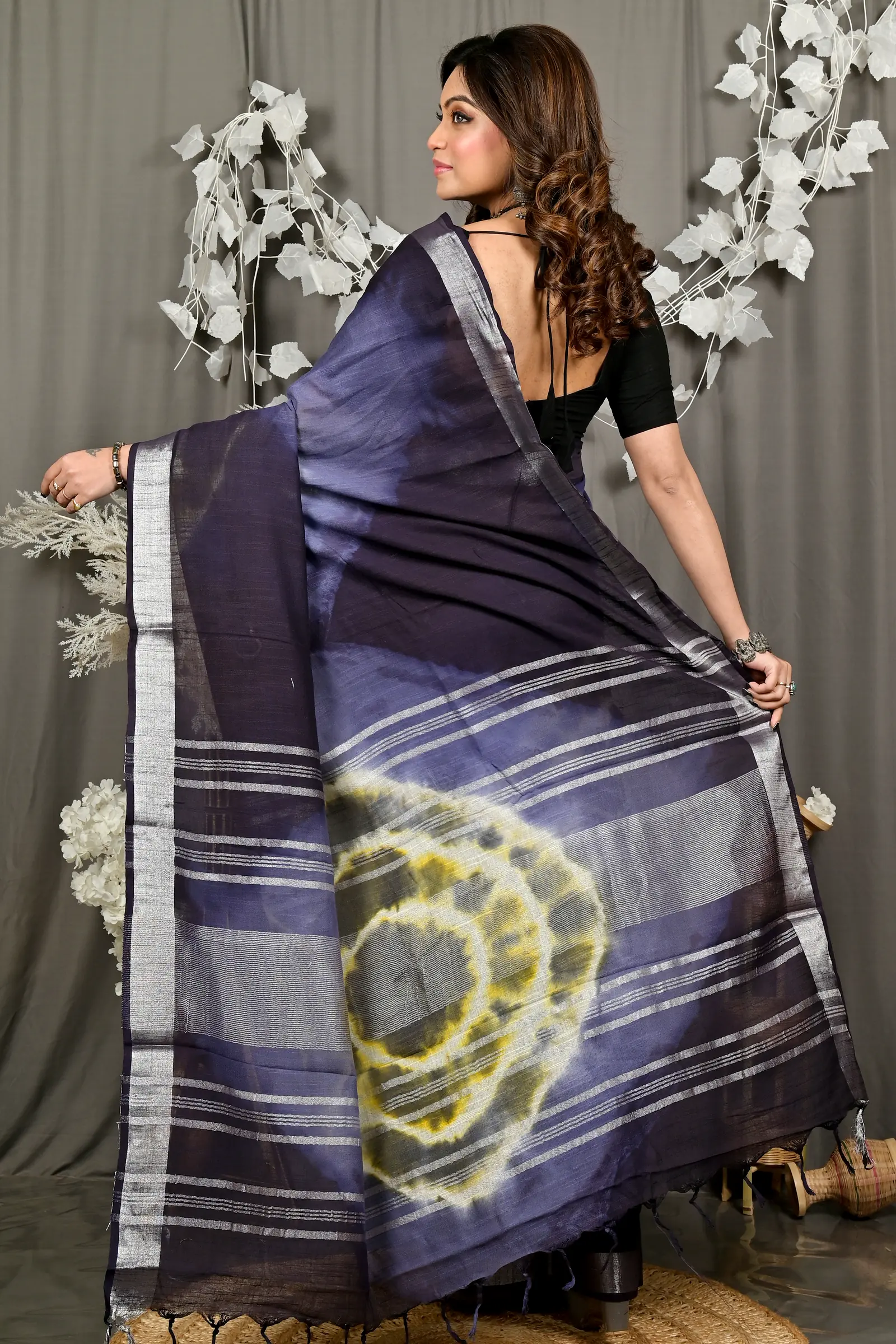 Night Blue Pure Cotton Finui Hand Loom Saree (3049)