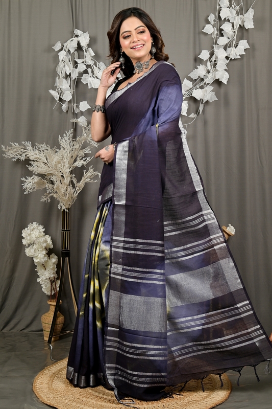 Night Blue Pure Cotton Finui Hand Loom Saree (3049)