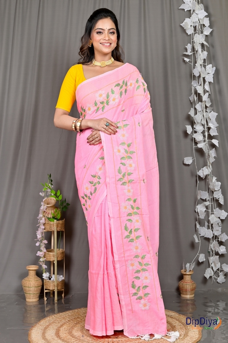 Pink Cotton Blended Paraya Embroidery Handloom saree (305)