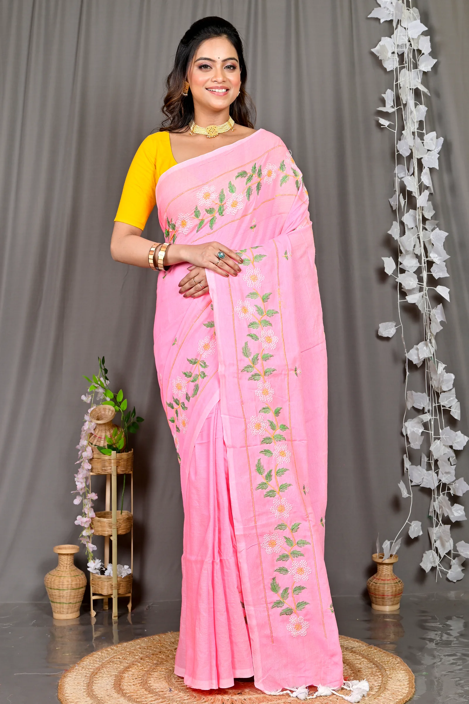 Pink Cotton Blended Paraya Embroidery Handloom saree (305)