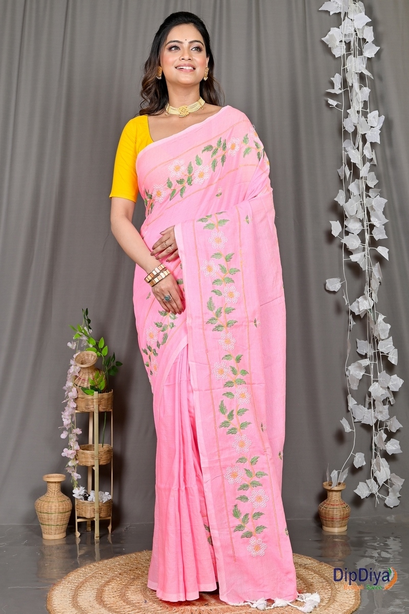 Pink Cotton Blended Paraya Embroidery Handloom saree (305)