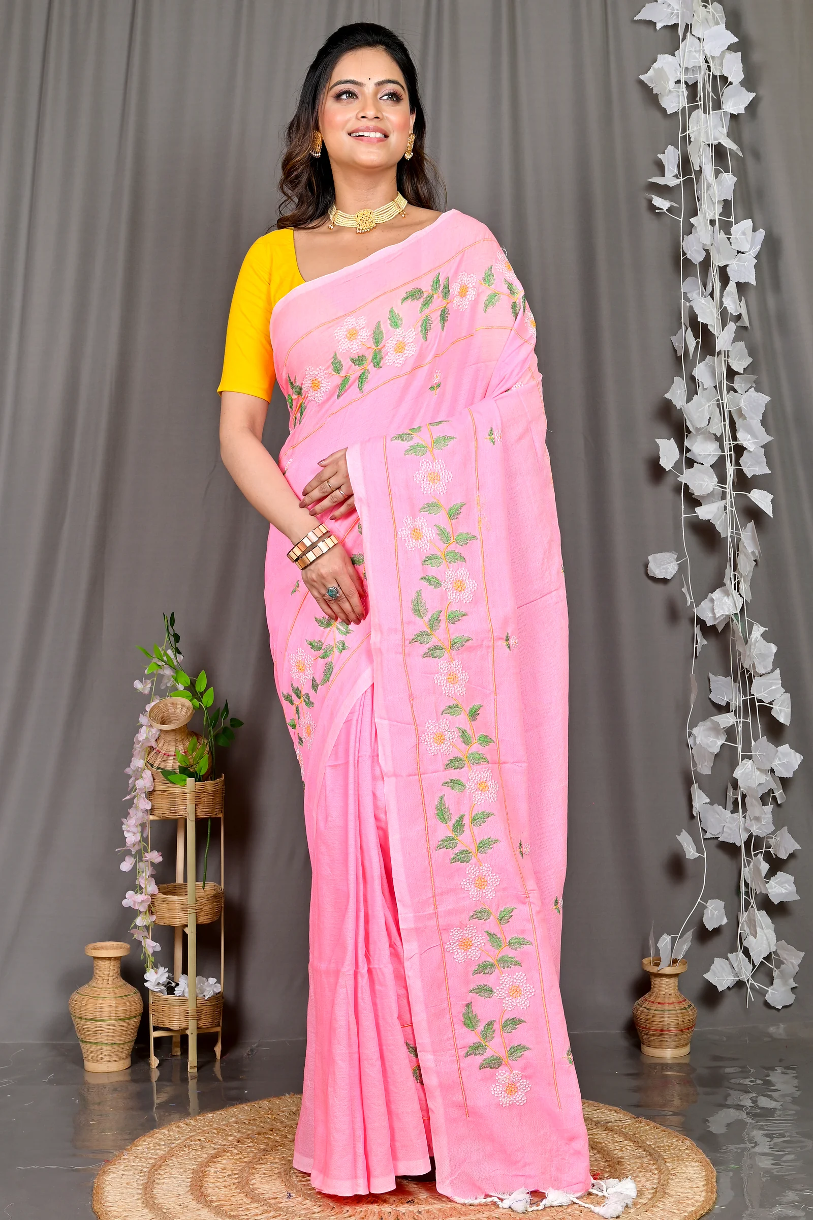 Pink Cotton Blended Paraya Embroidery Handloom saree (305)