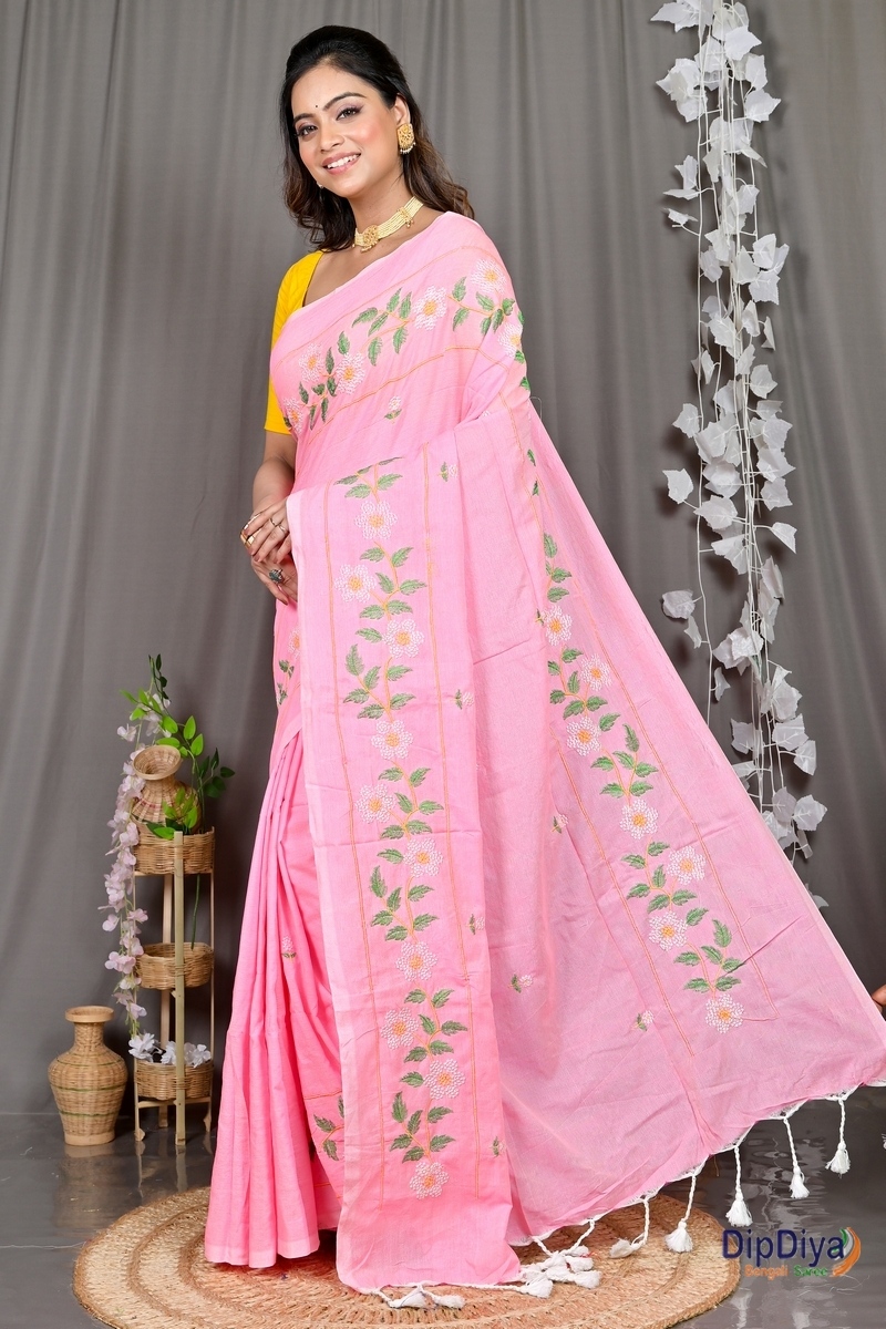 Pink Cotton Blended Paraya Embroidery Handloom saree (305)