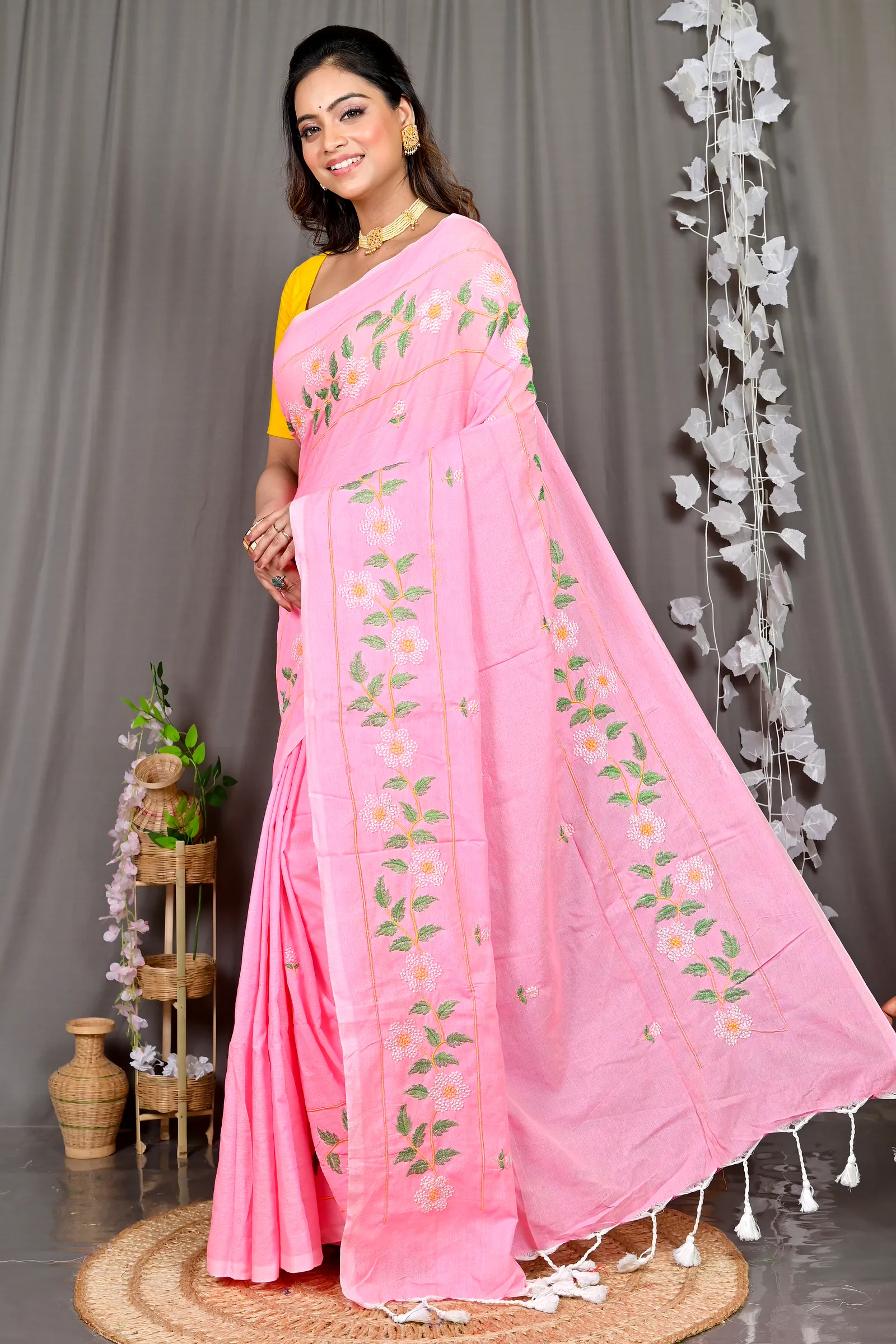 Pink Cotton Blended Paraya Embroidery Handloom saree (305)