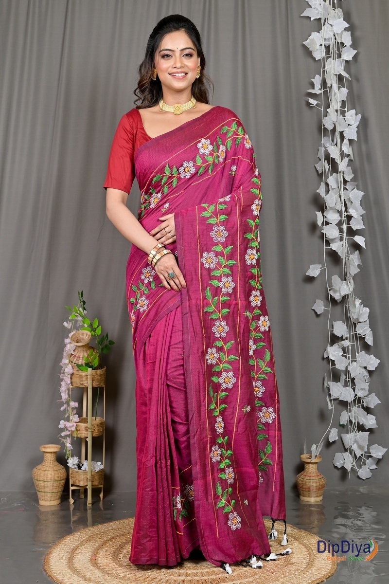 Merron Cotton Blended Paraya Embroidery Handloom saree (306)