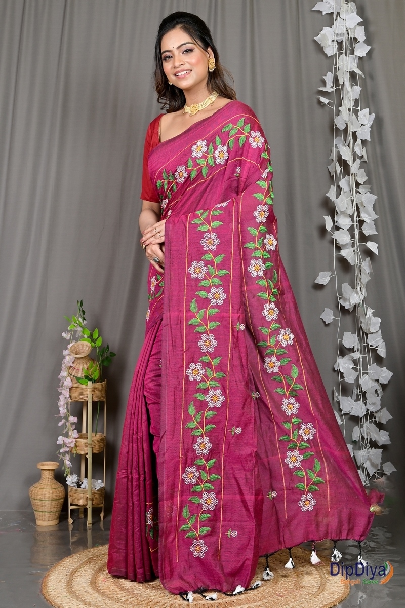 Merron Cotton Blended Paraya Embroidery Handloom saree (306)