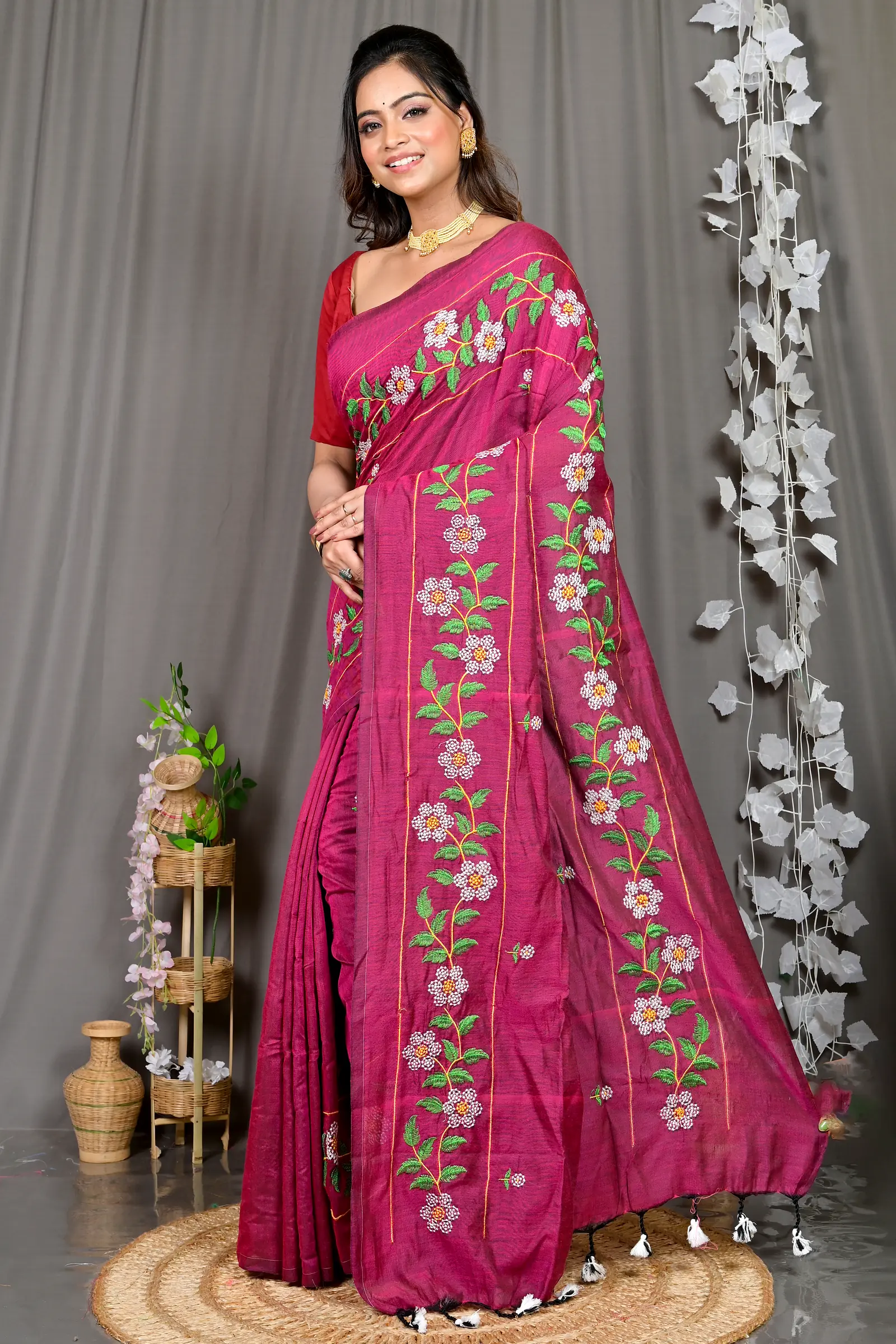 Merron Cotton Blended Paraya Embroidery Handloom saree (306)