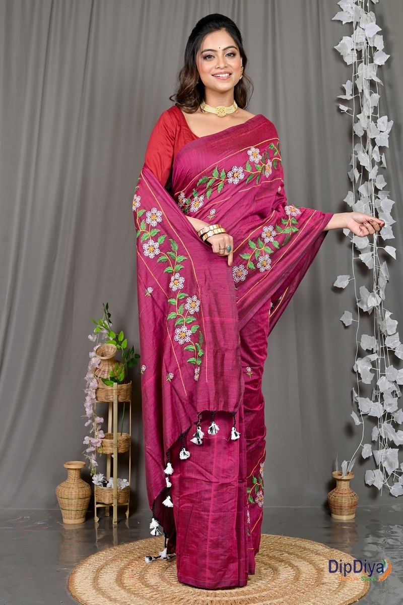 Merron Cotton Blended Paraya Embroidery Handloom saree (306)