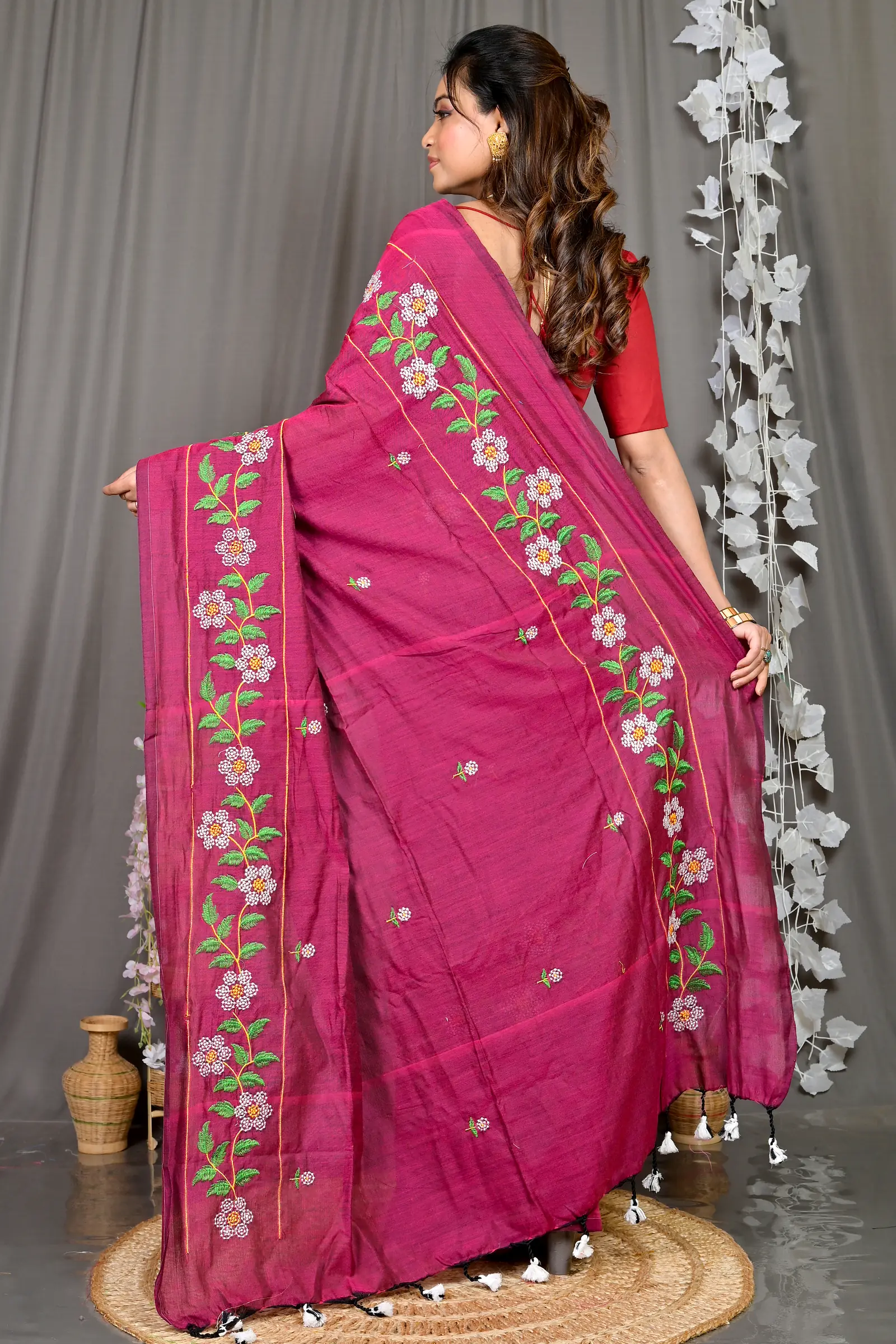 Merron Cotton Blended Paraya Embroidery Handloom saree (306)