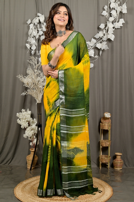 Yellow Green Pure Cotton Finui Hand Loom Saree (3062)