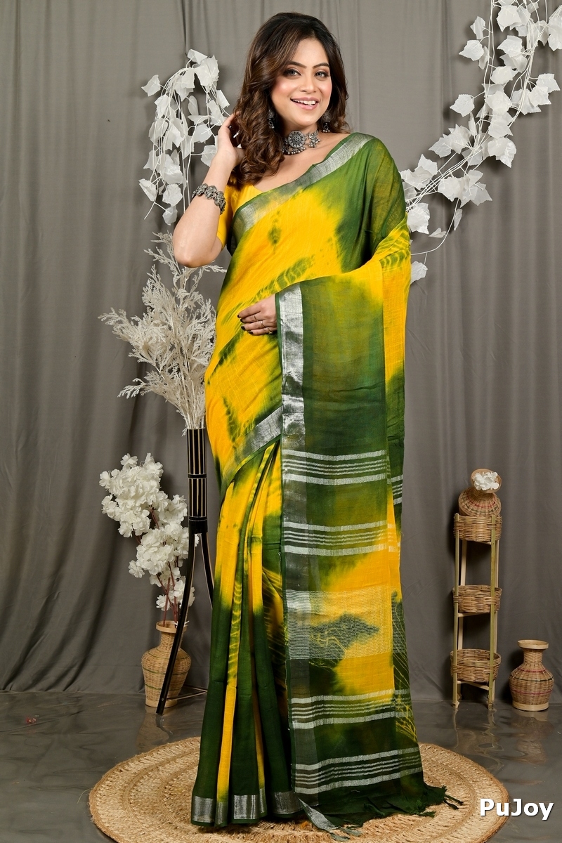 Yellow Green Pure Cotton Finui Hand Loom Saree (3062)