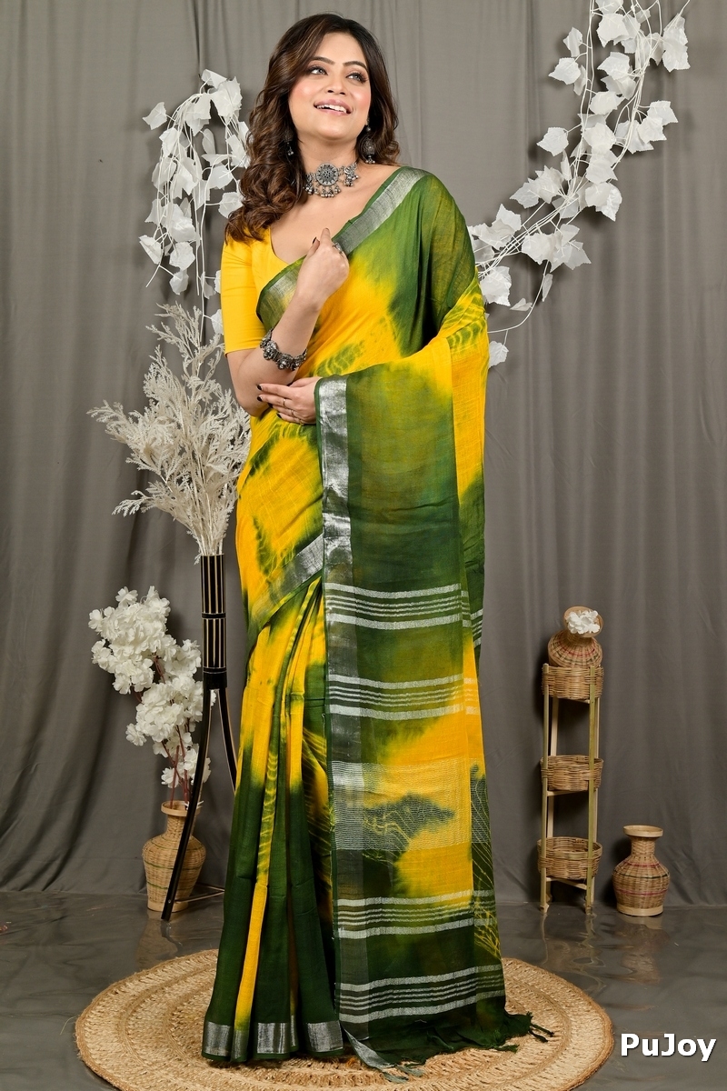 Yellow Green Pure Cotton Finui Hand Loom Saree (3062)
