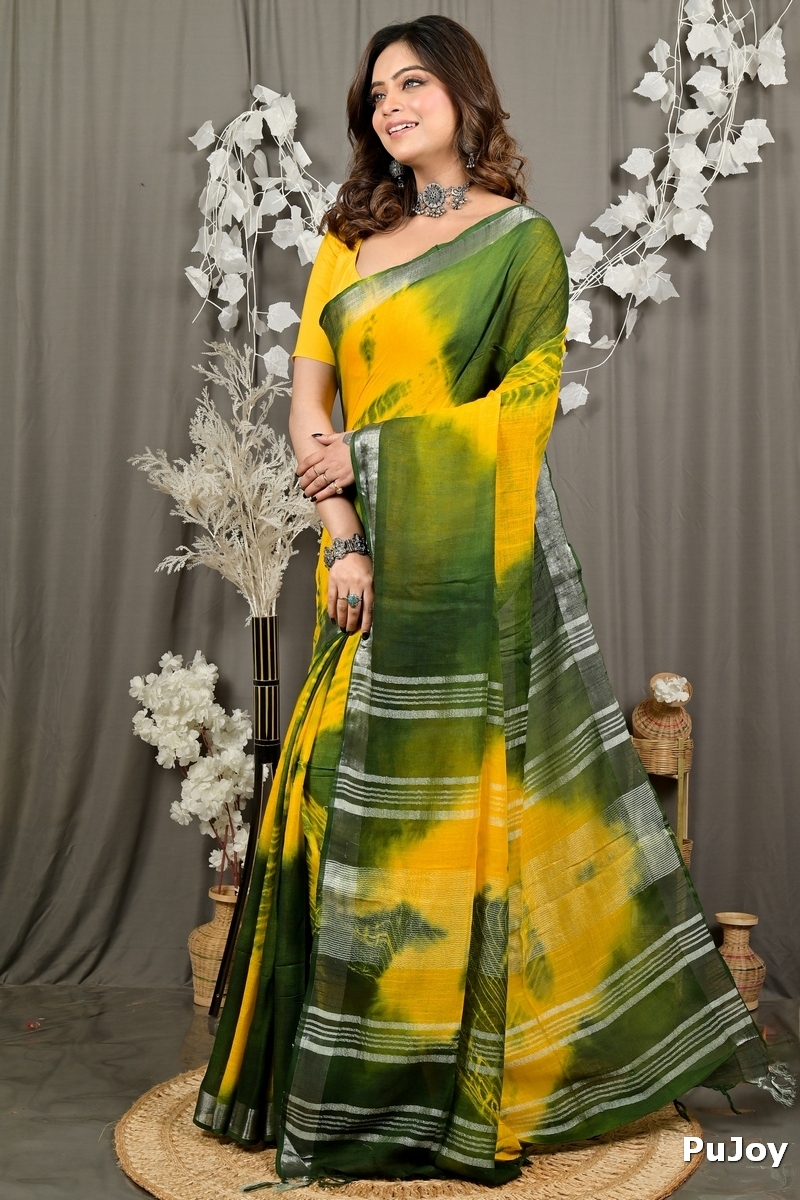 Yellow Green Pure Cotton Finui Hand Loom Saree (3062)