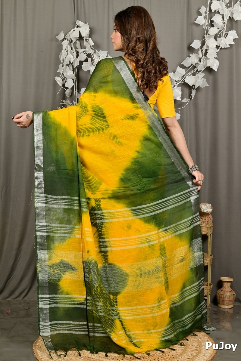 Yellow Green Pure Cotton Finui Hand Loom Saree (3062)