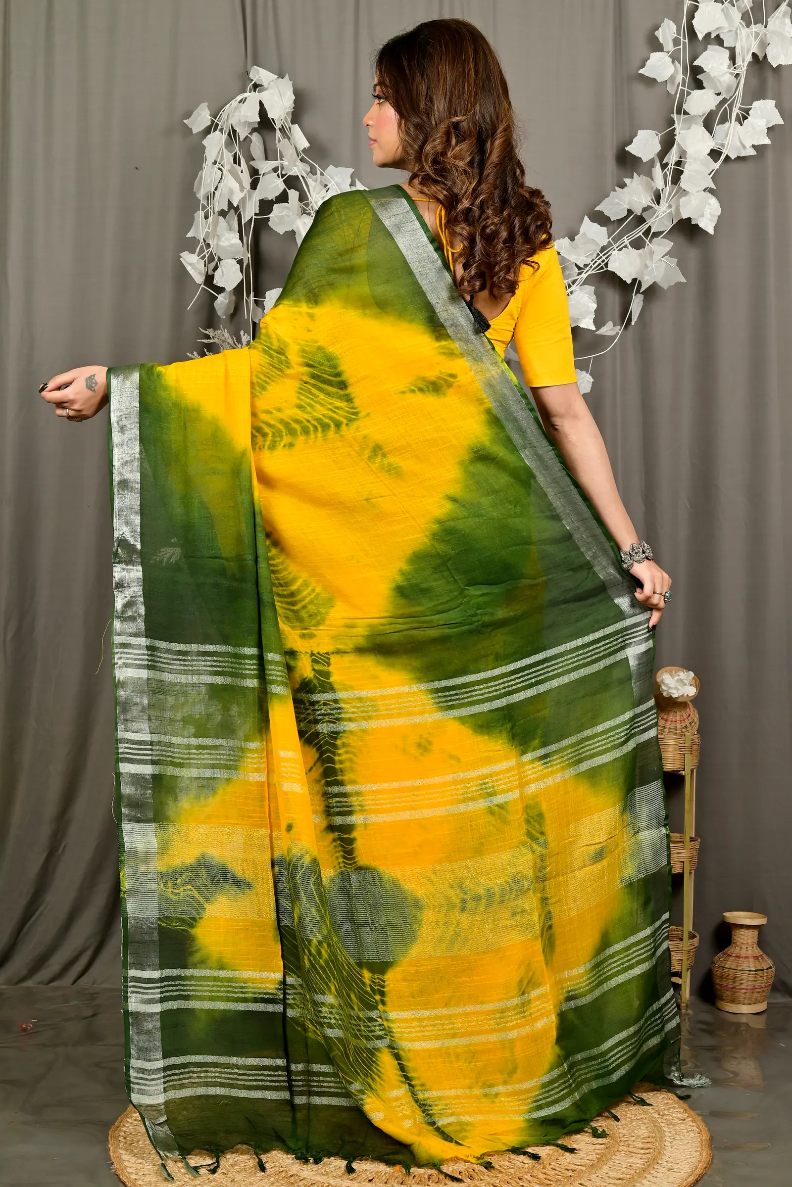 Yellow Green Pure Cotton Finui Hand Loom Saree (3062)