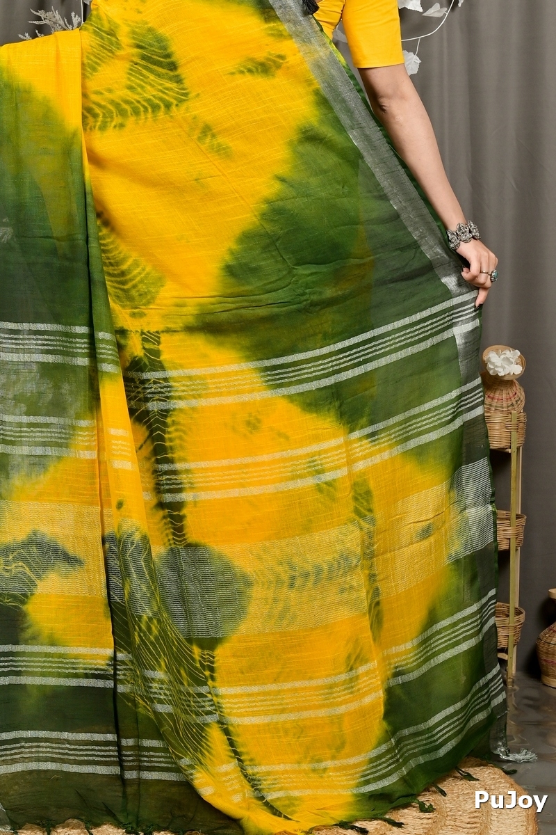 Yellow Green Pure Cotton Finui Hand Loom Saree (3062)