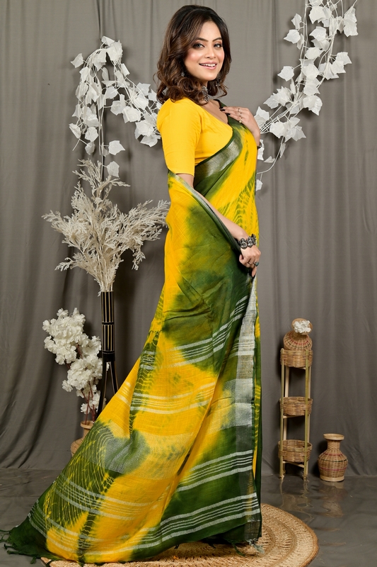 Yellow Green Pure Cotton Finui Hand Loom Saree (3062)