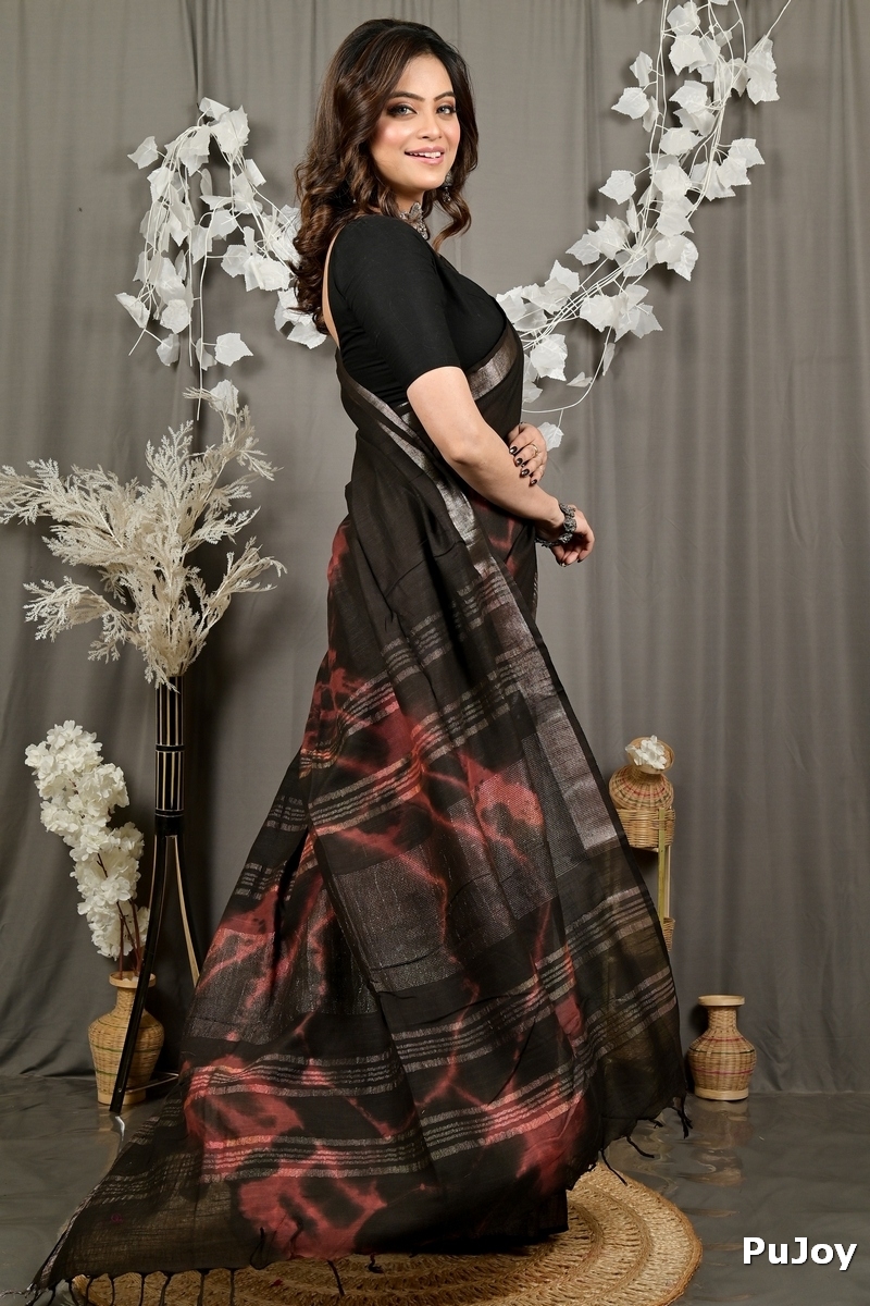 Black Pure Cotton Finui Hand Loom Saree (3063)