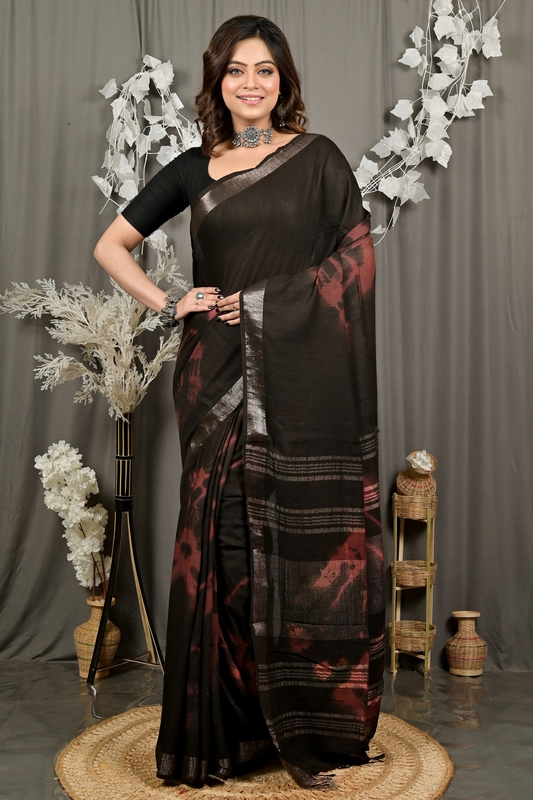 Black Pure Cotton Finui Hand Loom Saree (3063)