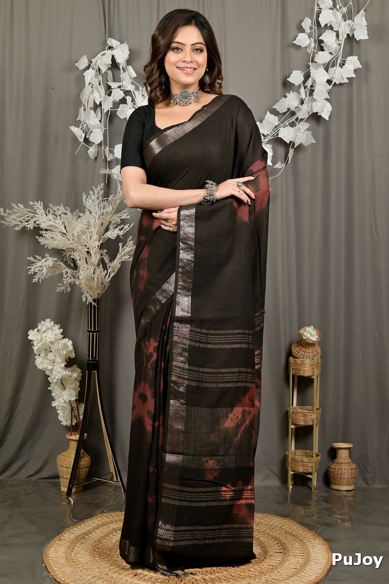 Black Pure Cotton Finui Hand Loom Saree (3063)