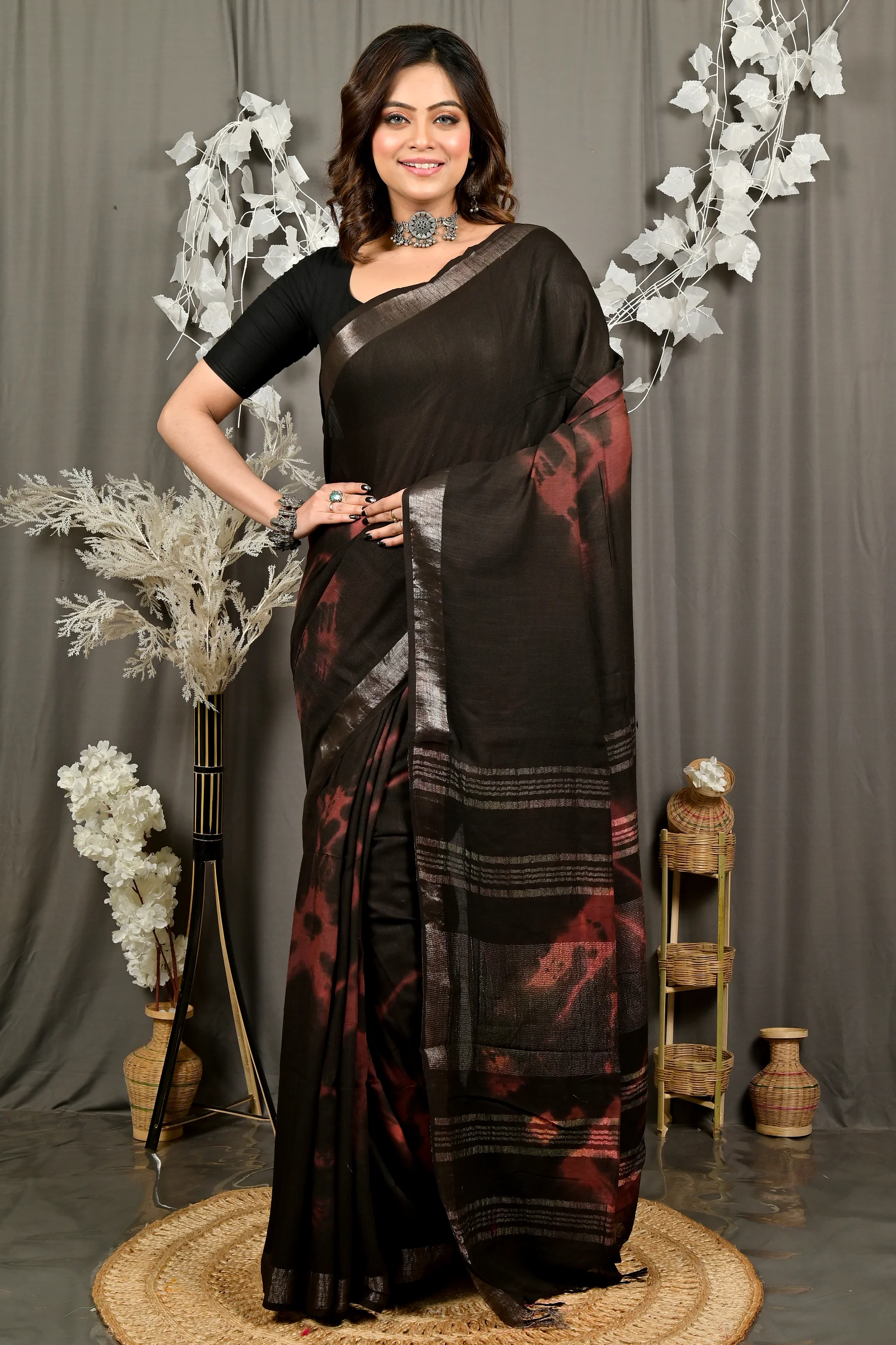 Black Pure Cotton Finui Hand Loom Saree (3063)