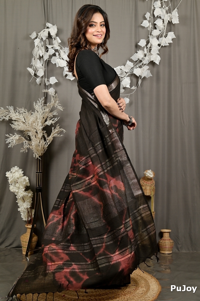 Black Pure Cotton Finui Hand Loom Saree (3063)