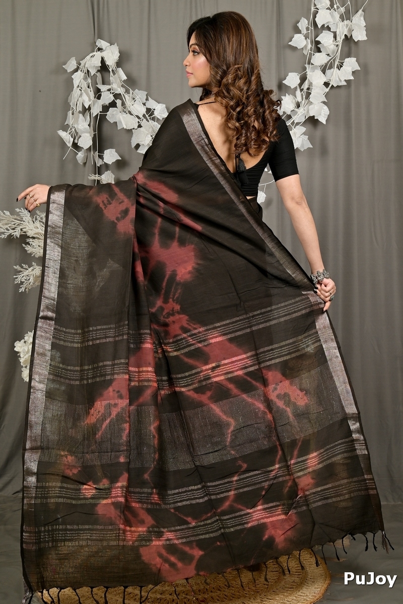 Black Pure Cotton Finui Hand Loom Saree (3063)