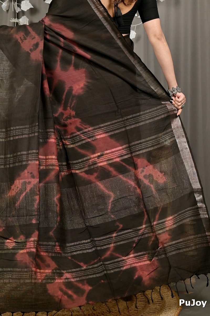 Black Pure Cotton Finui Hand Loom Saree (3063)