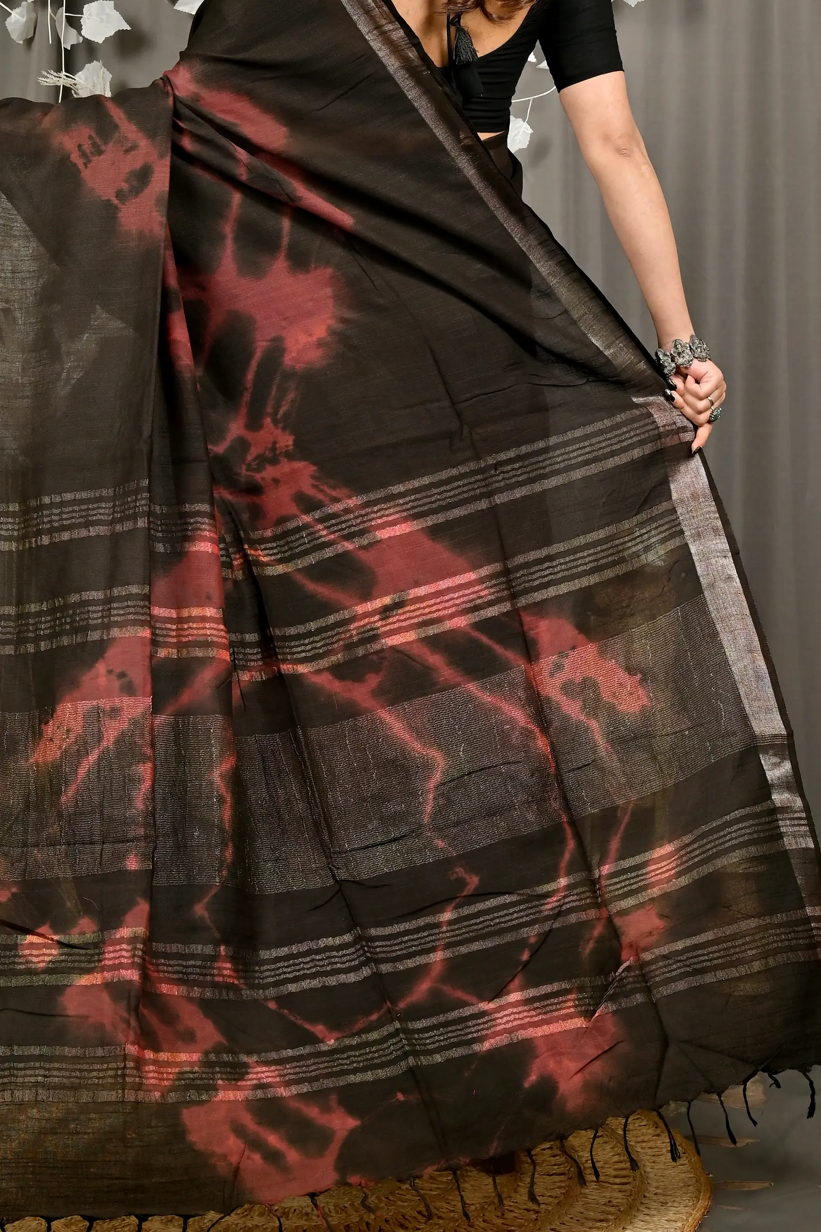 Black Pure Cotton Finui Hand Loom Saree (3063)