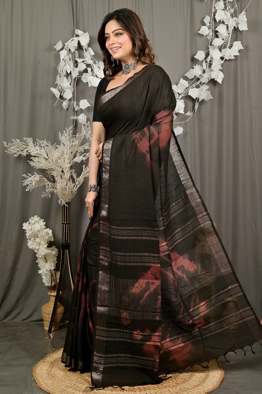 Black Pure Cotton Finui Hand Loom Saree (3063)