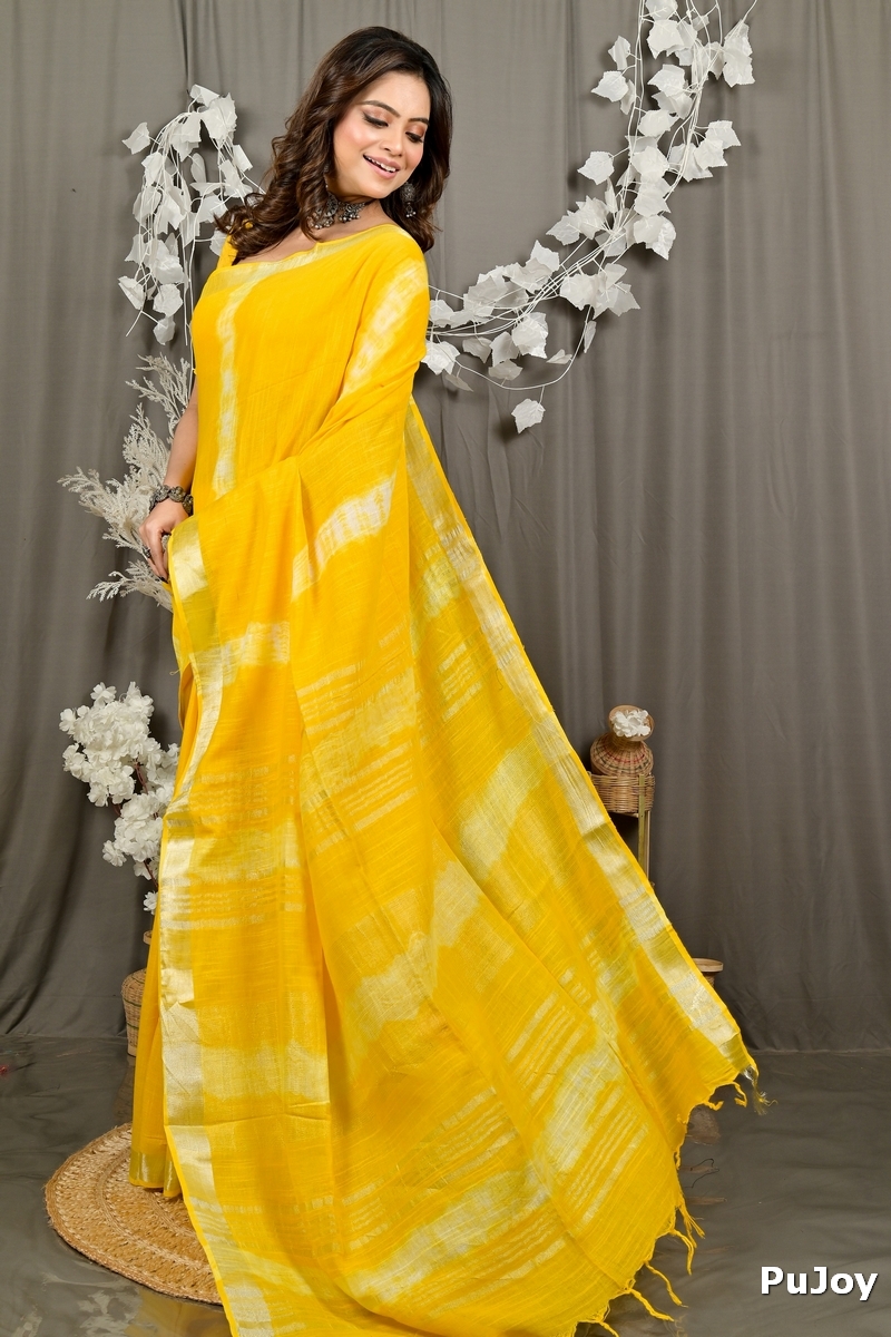 Yellow Pure Cotton Finui Hand Loom Saree (3064)