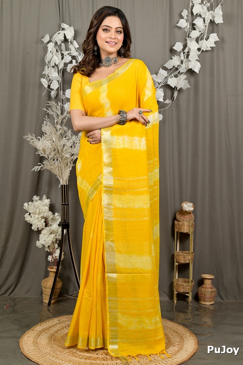 Yellow Pure Cotton Finui Hand Loom Saree (3064)