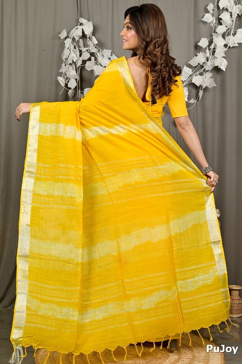 Yellow Pure Cotton Finui Hand Loom Saree (3064)