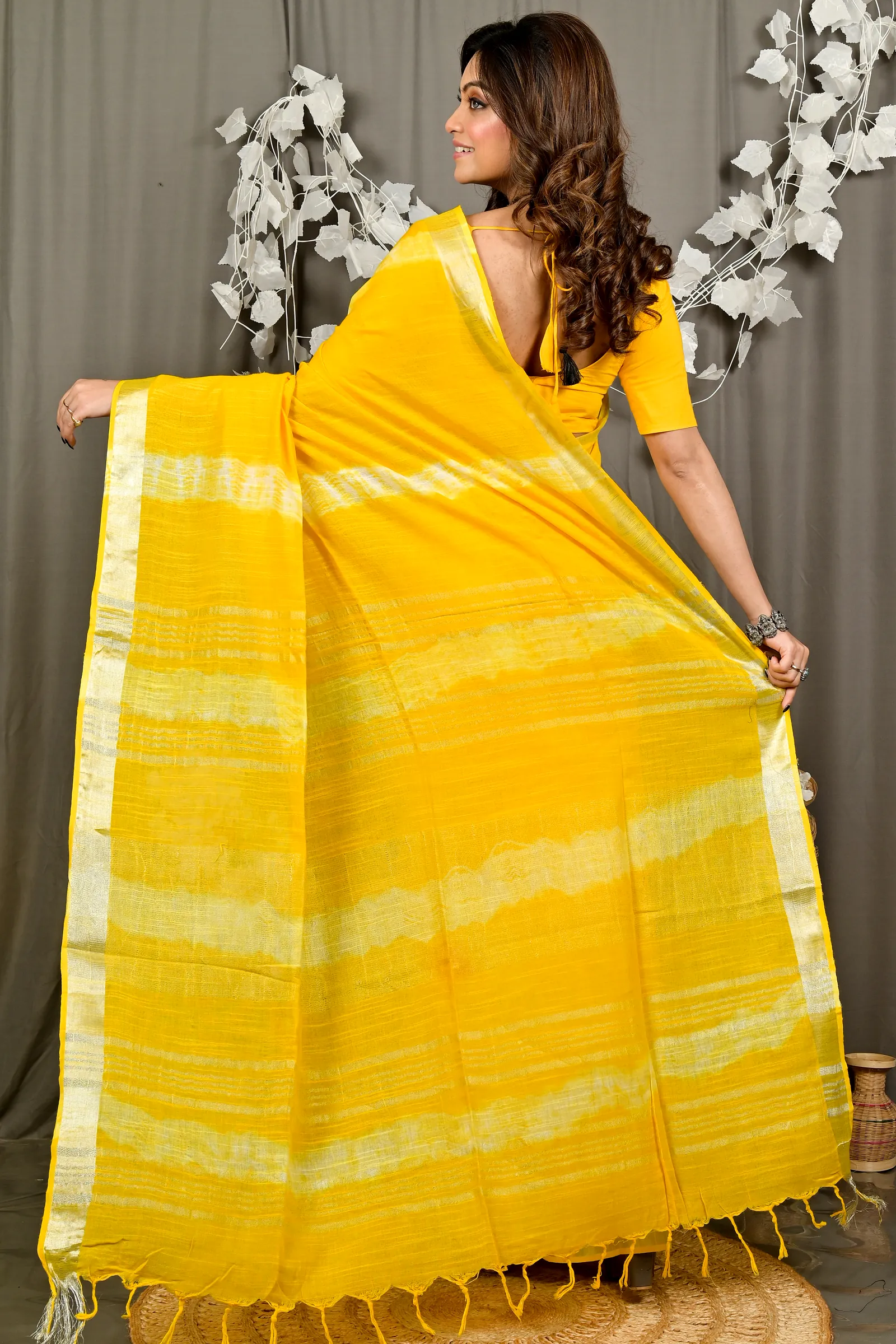 Yellow Pure Cotton Finui Hand Loom Saree (3064)